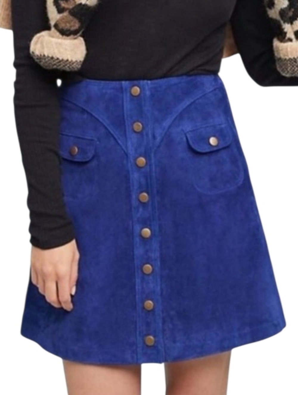 Anthropologie Genuine Suede Button Front Mini Skirt Size 4 70s Retro Look Boho